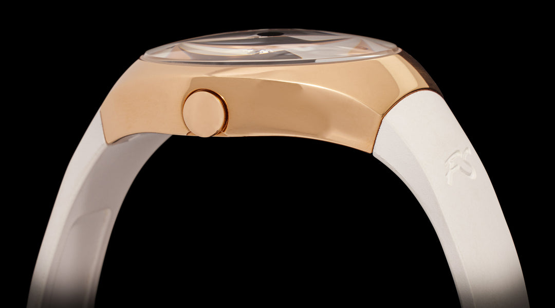 Frank Stephenson's Cosmos Series IP Rose Gold Steel Case, Blue Dial, White Strap