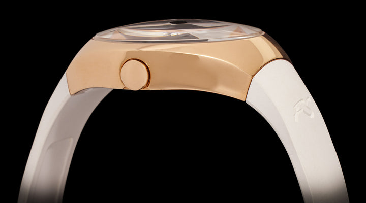 Frank Stephenson's Cosmos Series IP Rose Gold Steel Case, Blue Dial, White Strap