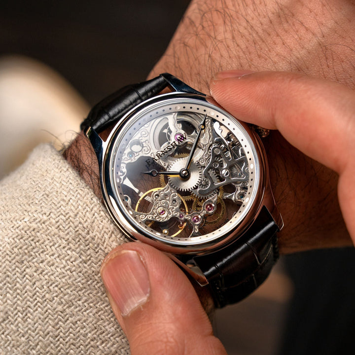 Bauer Mechanical Skeleton Transparent / Genuine Leather Transparent Dial
