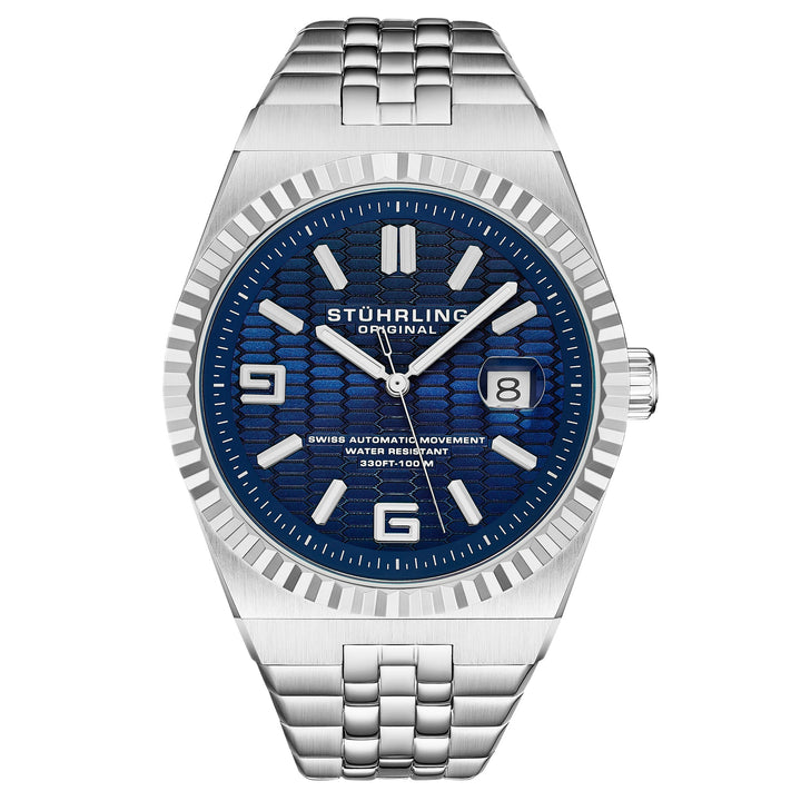Sentinel 1027 Men's 42mm Navy Guilloché-pattern Dial/Stainless Steel Bracelet