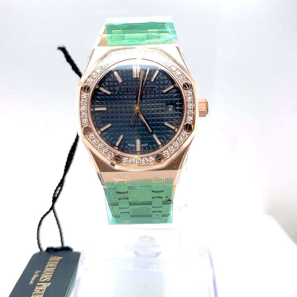 Audemars Piguet ROYAL OAK 34MM BLUE DIAL 18K PINK GOLD DIAMOND BEZEL 77451OR.ZZ.1361OR.04 LADIES WATCH