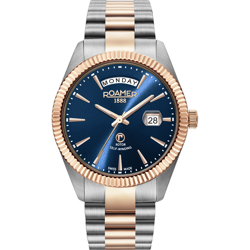 PRIMELINE DAYDATE Blue dial, stainless steel and rose gold PVD plated. Blue Dial