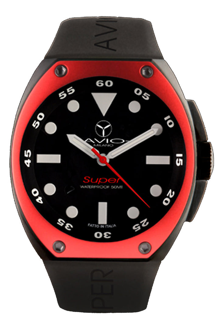 Avio Black, IP Black Rubber red bezel | Black Dial