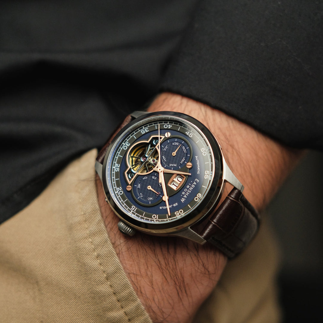 Baron Grand Date Calendar Open Heart Automatic Blue / Genuine Leather | Blue Dia