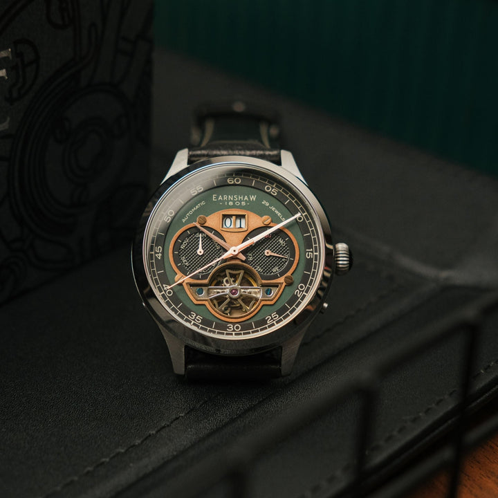 Baron Grand Date Calendar Open Heart Automatic Green / Black Leather | Green Dia