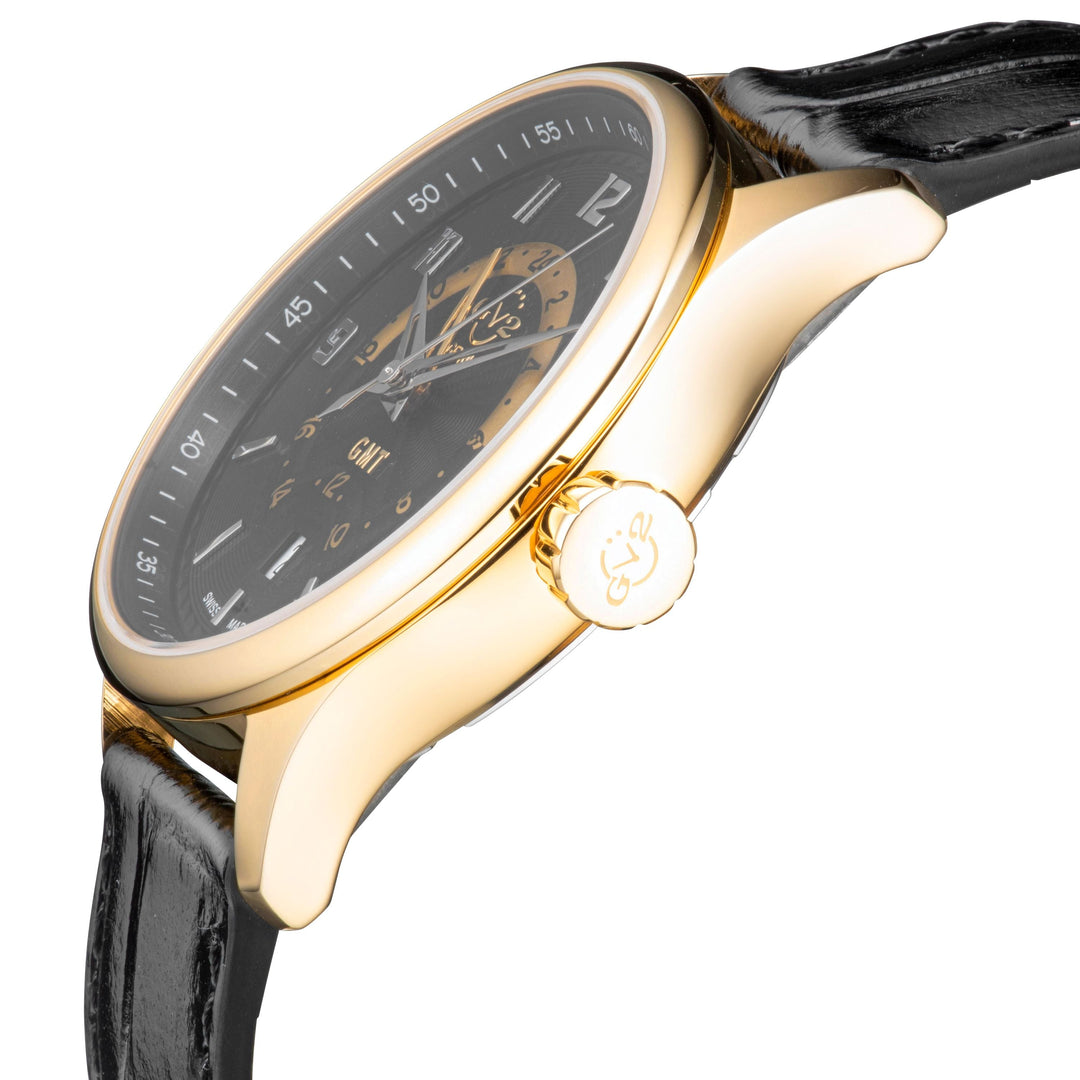 Giromondo GV2 by Gevril Swiss Made GMT  Gold Watch Black Leather Strap | Black D