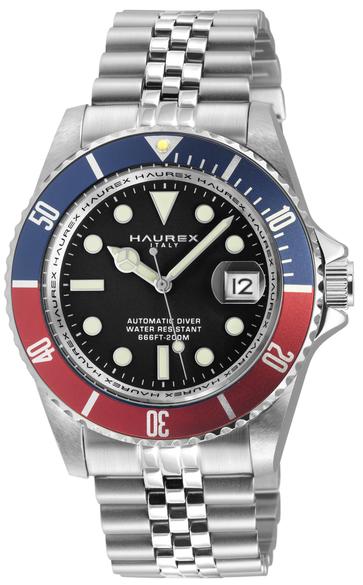 Eterno SS Case, Blue/Red Bezel, Black Dial,  316L Itainless Steel Bracelet | Bla