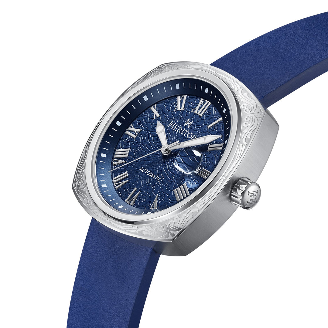 Davenport Engraved-Case Leather-Band Watch w/ Date Silver/Blue | Blue Dial