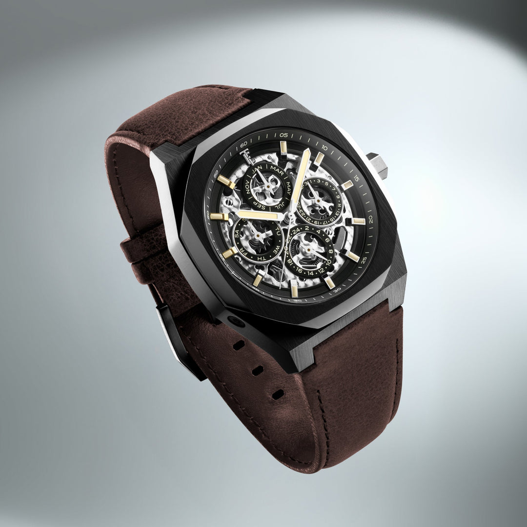 Discovery Drake Triple Calendar Skeleton Automatic Black / Genuine Leather Black