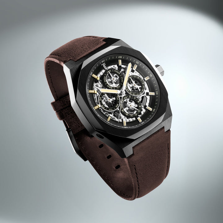 Discovery Drake Triple Calendar Skeleton Automatic Black / Genuine Leather Black