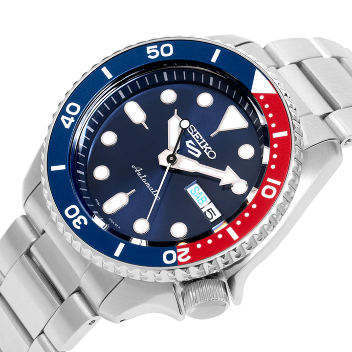 5 Sports SKX - Unidirectional Bezel Blue Red-Bezel / Blue Dial / Steel Bracelet 