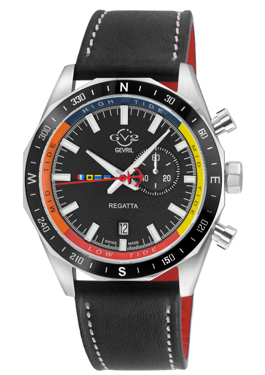 Regatta GV2 Swiss Quartz,Tide cycle indicator, Black dial, Black Italian Leather