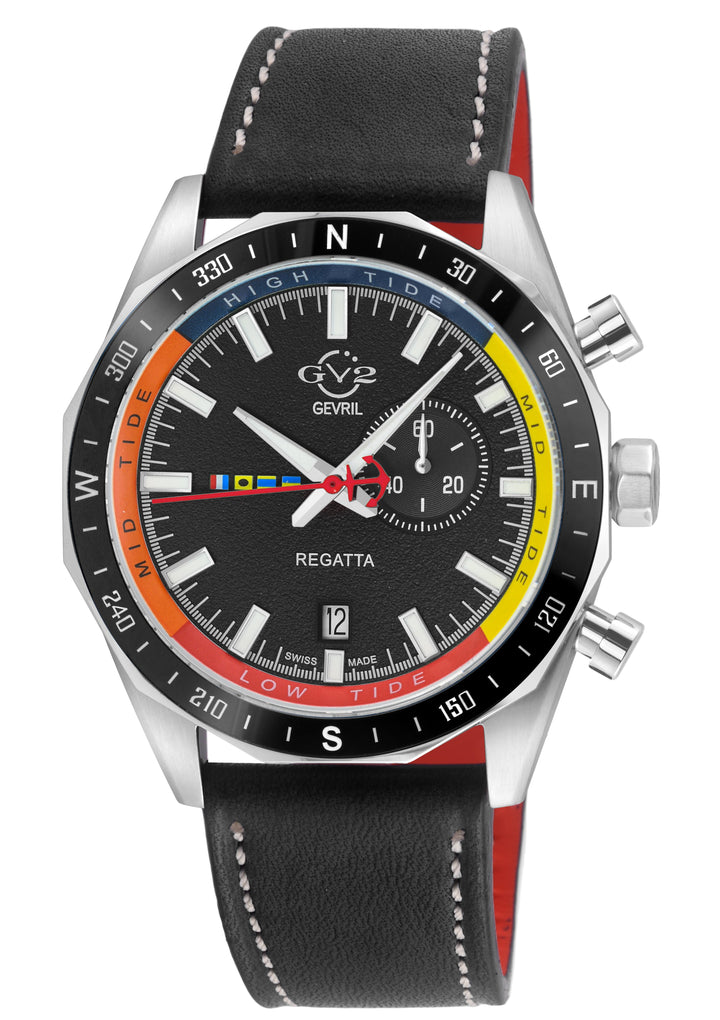 Regatta GV2 Swiss Quartz,Tide cycle indicator, Black dial, Black Italian Leather