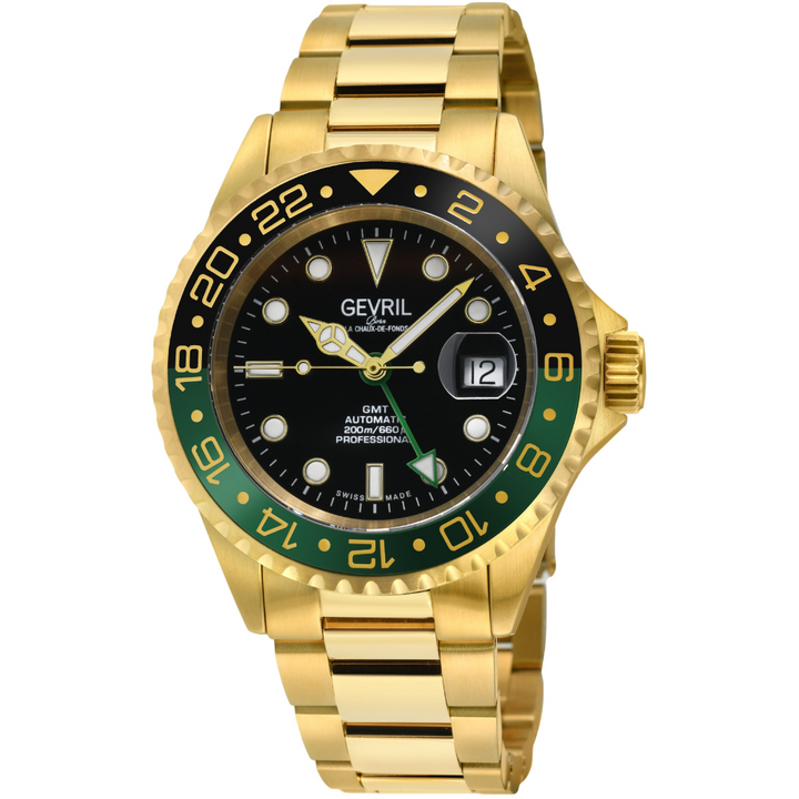 Wall Street Gevril Swiss Made SW330 IPYG Steel Rotating Bezel watch, Gold bezel,