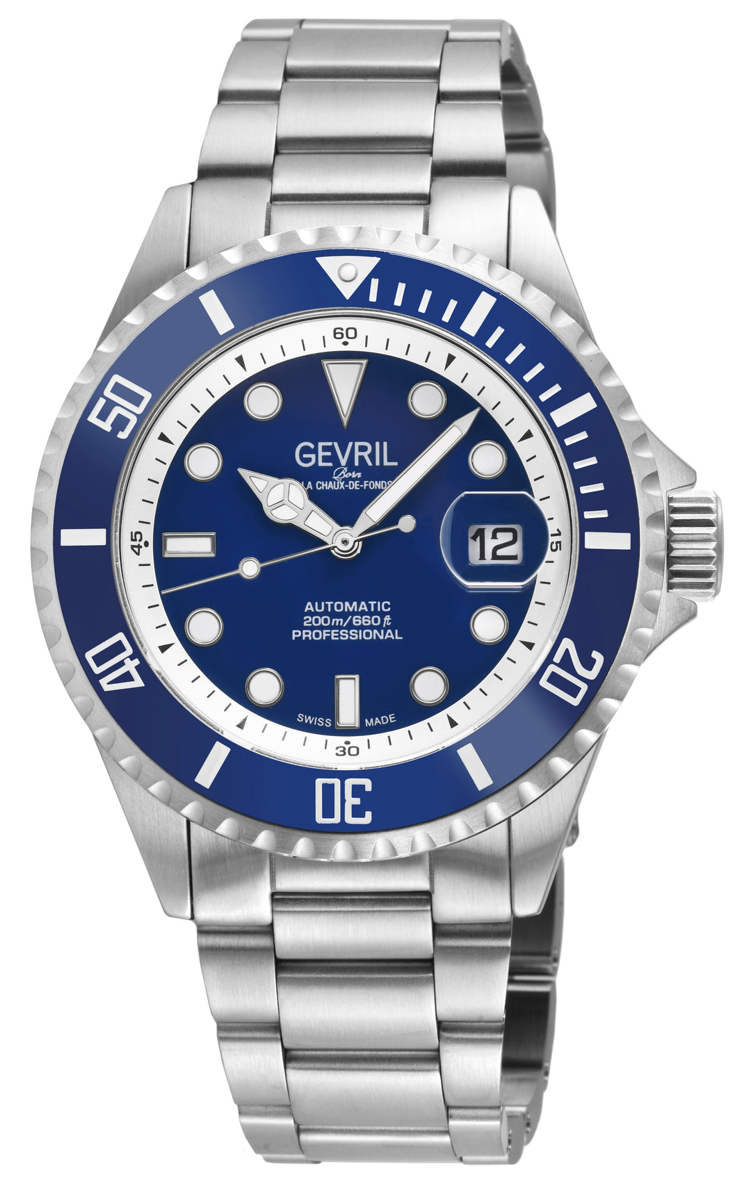 Wall Street Gevril Swiss Made SW200-1 Steel Rotating Blue Ceramic Bezel , 316L c