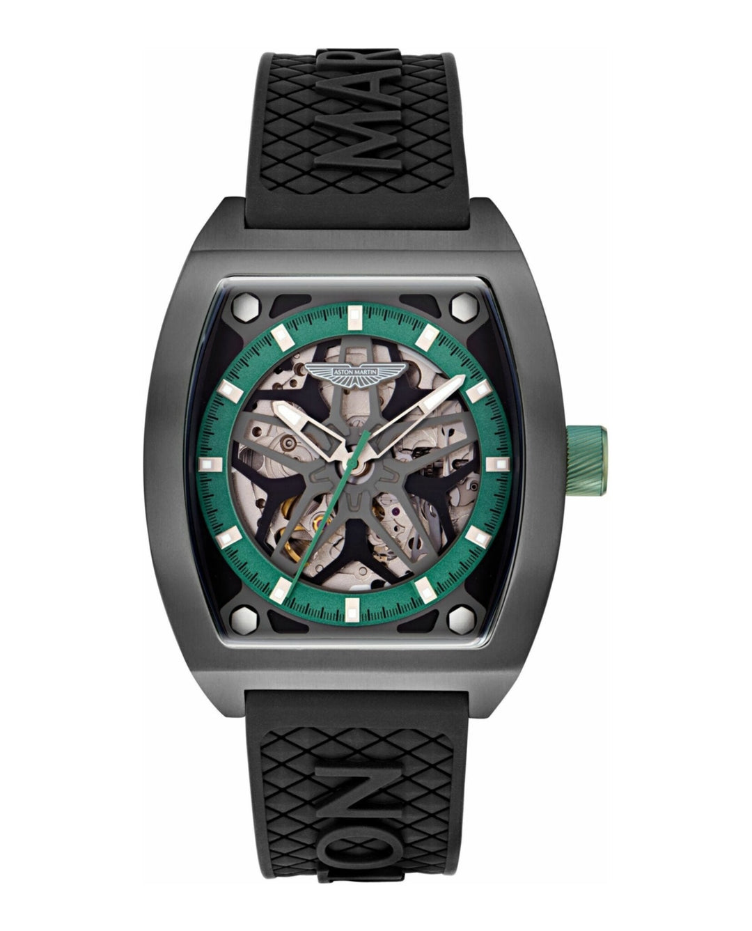 TRG Automatic Skeletonized Tonneau/Gunmetal IP/Black Silicone Green Dial