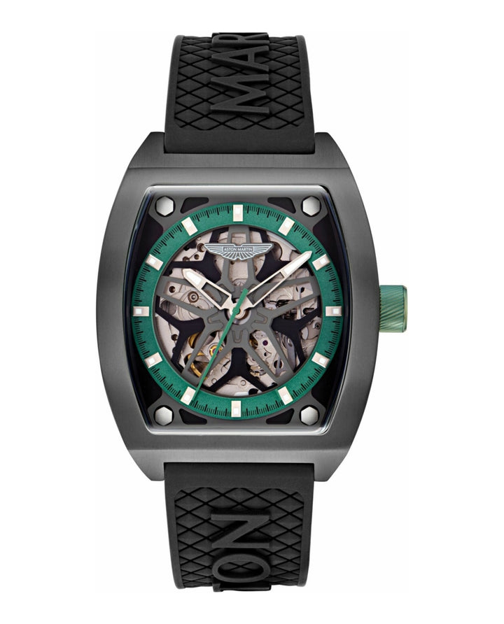 TRG Automatic Skeletonized Tonneau/Gunmetal IP/Black Silicone Green Dial