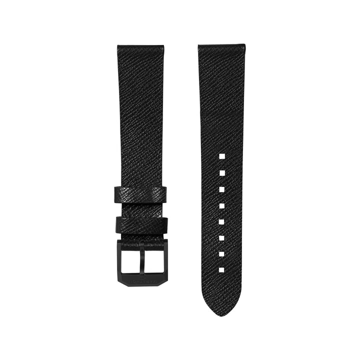 STRAP, 20mm, ITALIAN LEATHER, CROSS HATCH, IP BLACK BUCKLE, BLACK, XL ITALIAN LE