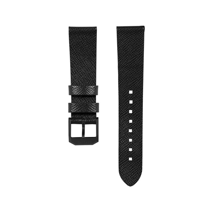 STRAP, 20mm, ITALIAN LEATHER, CROSS HATCH, IP BLACK BUCKLE, BLACK, STANDARD ITAL