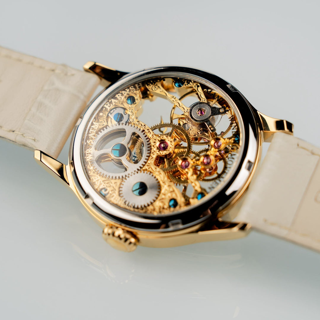 Bauer Mechanical Skeleton Gold / Genuine Leather Gold Dial