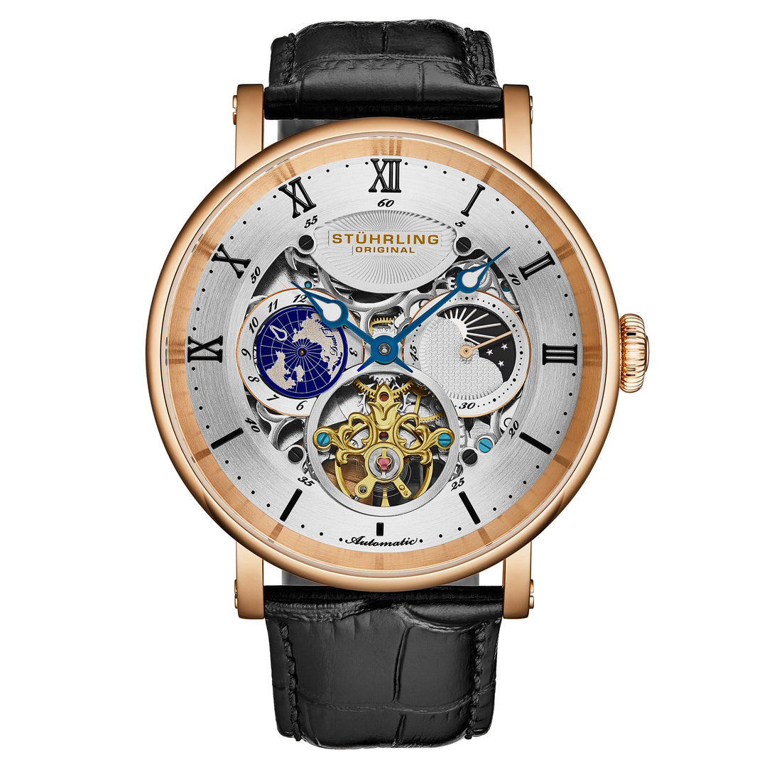 Dual Time Automatic Majestic 47mm Skeleton Rose/Black | Silver Dial