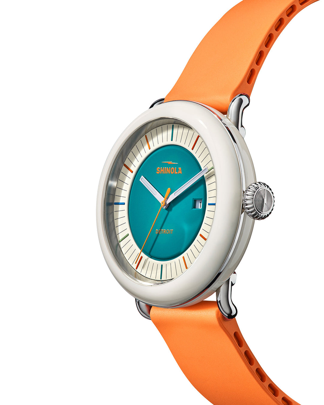 Detrola 3HD 41mm, Orange Rubber Strap AquGrn Aqua Green Dial