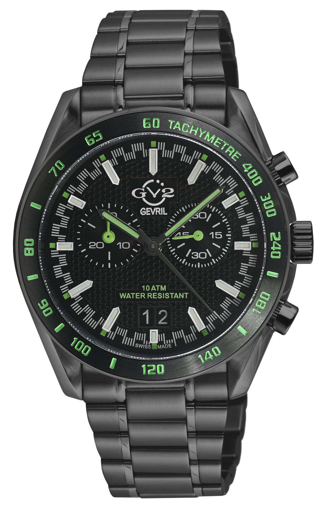Freccia-Chronograph GV2 Swiss Quartz, SS/IPBLK Case, Black Bezel, Black Dial, IP