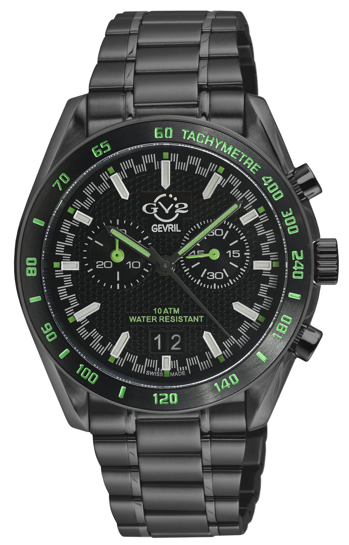Freccia-Chronograph GV2 Swiss Quartz, SS/IPBLK Case, Black Bezel, Black Dial, IP