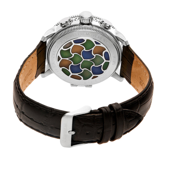 Aura Semi-Skeleton Genuine Leather-Band Watch Silver/Black Multi-colored Dial