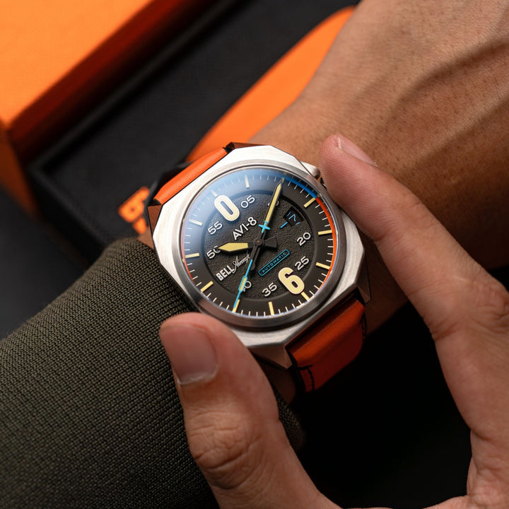 Bell X-1 Machbuster Automatic Black / Orange Hybrid leather and rubber strap | B