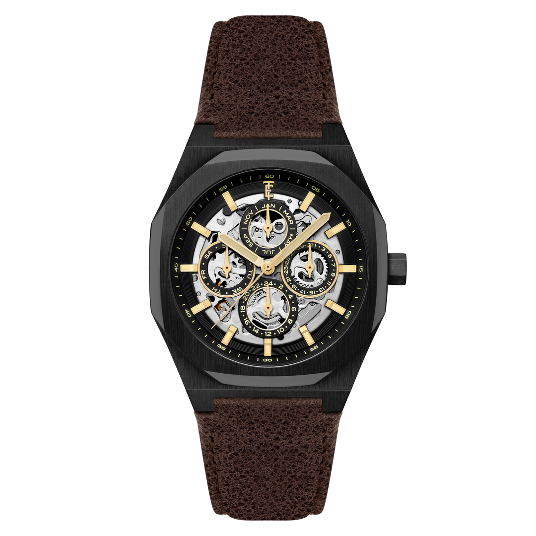 Discovery Drake Triple Calendar Skeleton Automatic Black / Genuine Leather Black