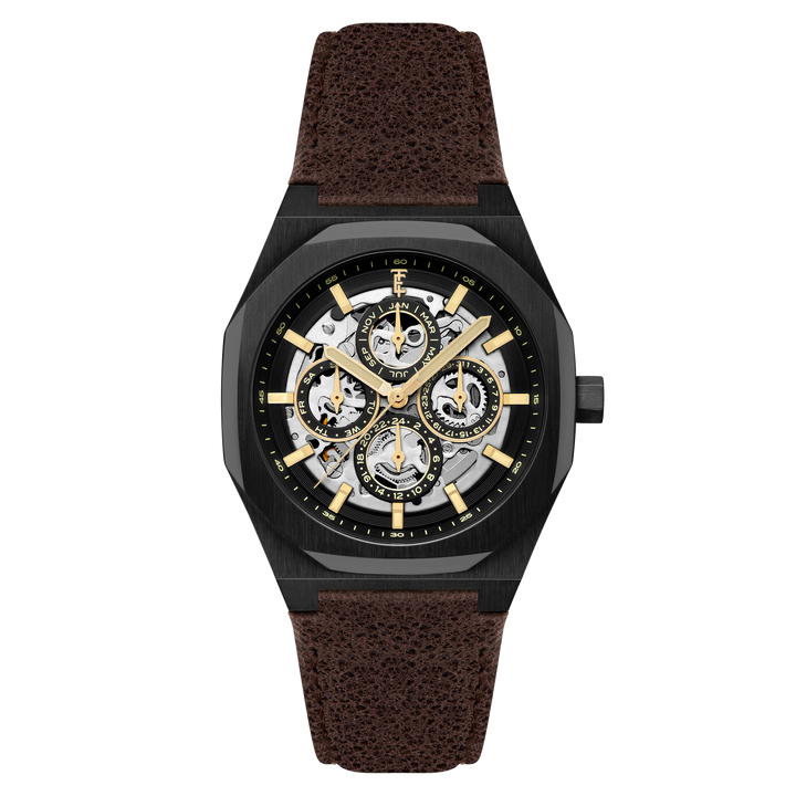 Discovery Drake Triple Calendar Skeleton Automatic Black / Genuine Leather Black
