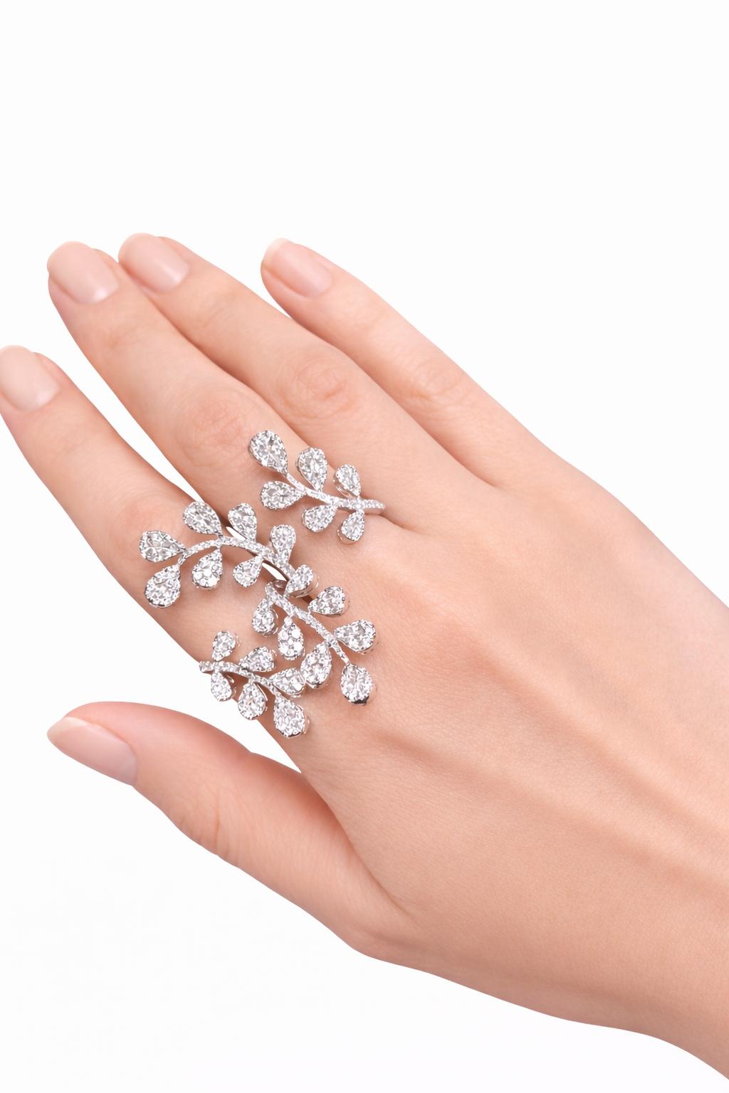 Diamond Leaf Double Finger Ring