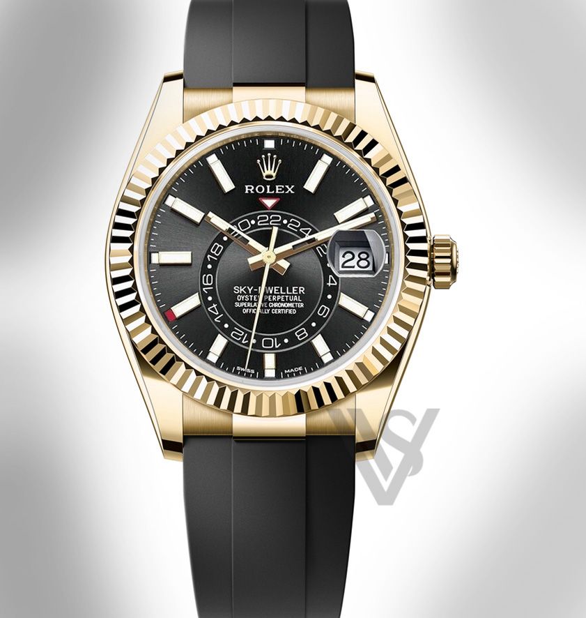 Brand New Rolex - Sky-Dweller - Black Index Dial - 18K Yellow Gold - Oysterflex Bracelet
