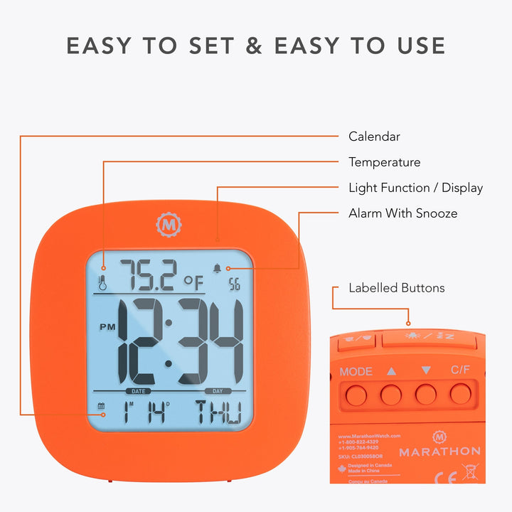 Compact Alarm Clock with Temperature and Date Clock, LCD, Alarm, Mini, Orange (2
