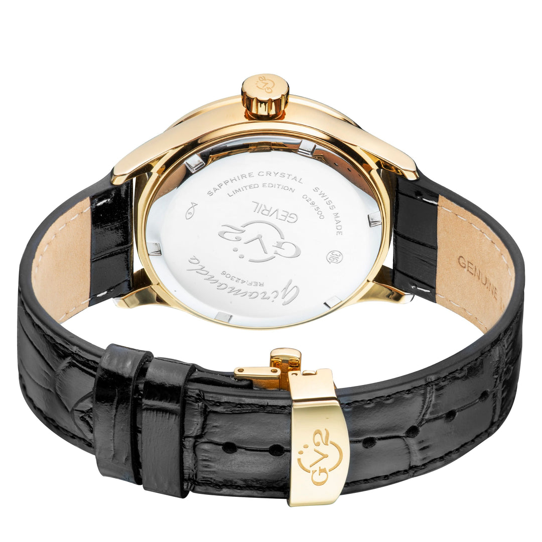 Giromondo GV2 by Gevril Swiss Made GMT  Gold Watch Black Leather Strap | Black D