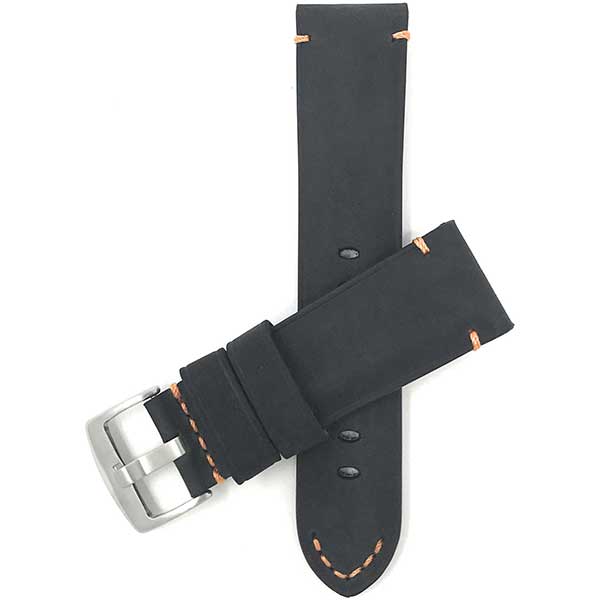 520 | 22mm Black and Orange Mens Distressed Leather Watch Strap, Stitch 22mm / B