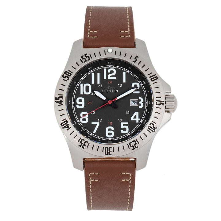 Aviator Leather-Band Watch w/Date Brown/Black | Black Dial