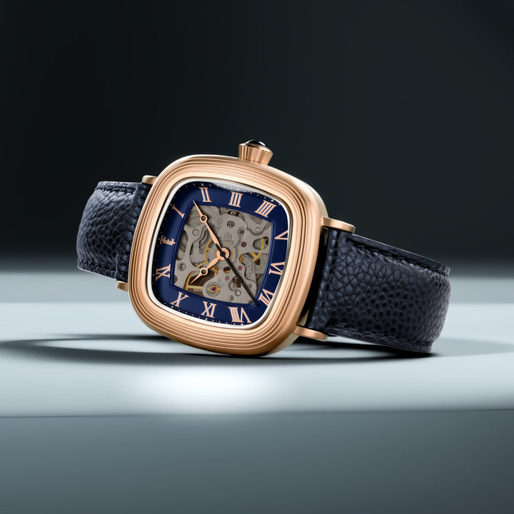 Heritage Chester Skeleton Automatic Rose Gold & Blue / Genuine Leather | Blue Di