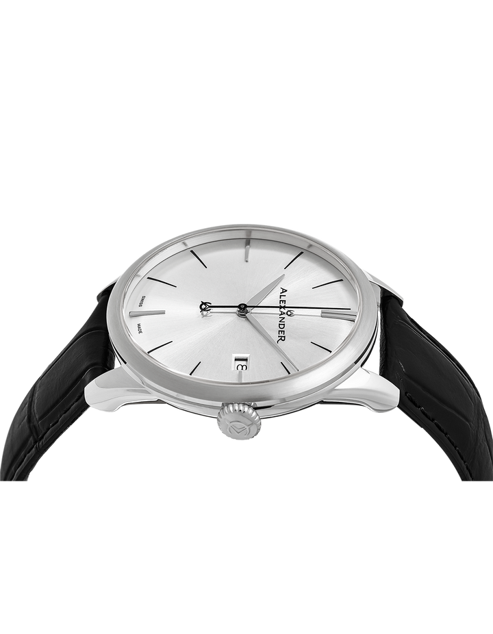 Sophisticate A911 Stainless Steel Case on Black Embossed Genuine Leather Strap, 
