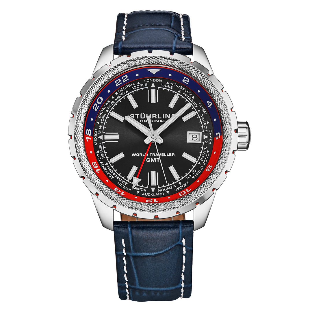 Global Voyager GMT 42mm World Timer Watch Blue/Leather | Black Dial