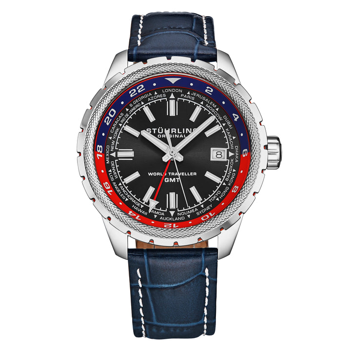 Global Voyager GMT 42mm World Timer Watch Blue/Leather | Black Dial