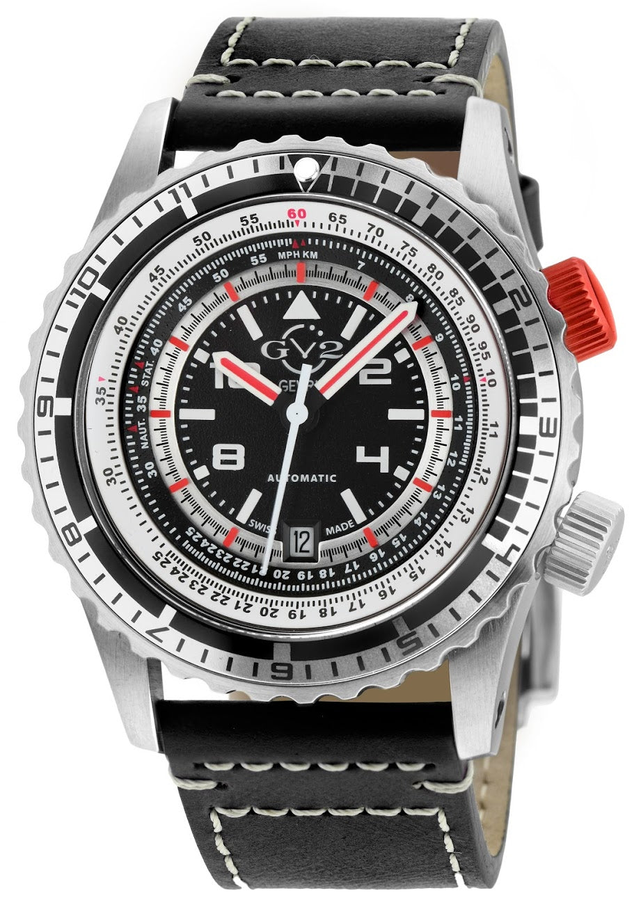 Contasecondi GV2 Contasecondi Men's Black/Red Dial Black Calfskin Leather Watch 