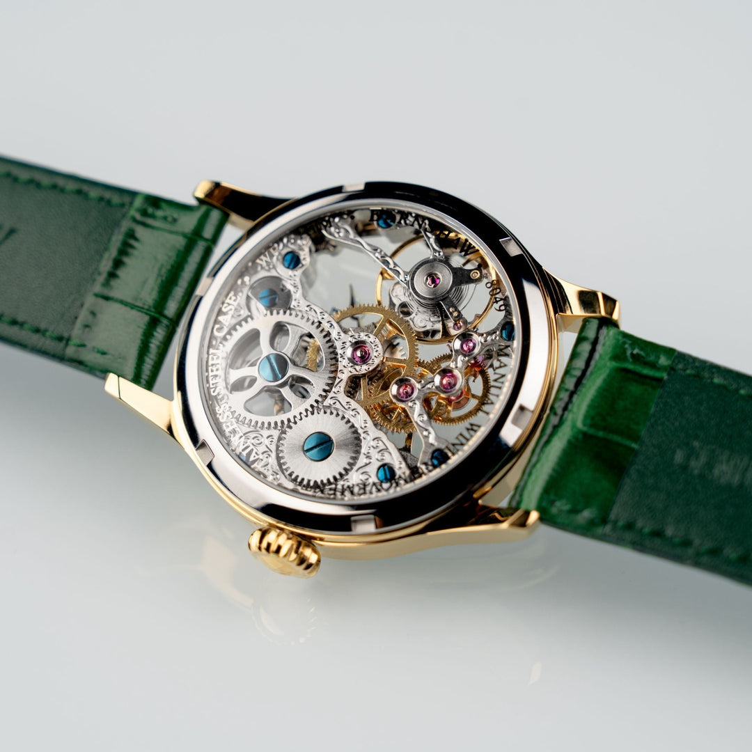 Bauer Mechanical Skeleton Silver / Genuine Leather Silver Dial