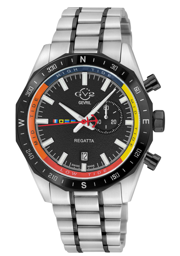 Regatta GV2 Swiss Quartz,Tide cycle indicator, Black dial, Two toned SS/IPBLK Br