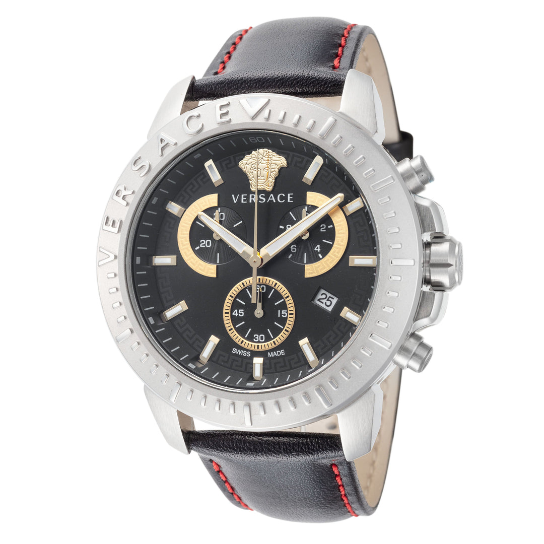 New Chrono Black Dial Black Leather Strap Chronograph 45mm Black Dial