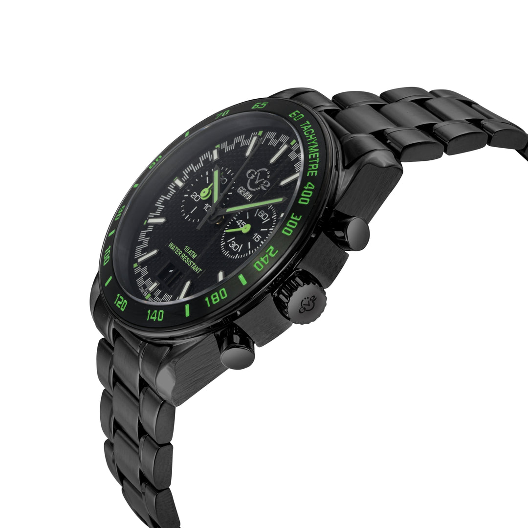 Freccia-Chronograph GV2 Swiss Quartz, SS/IPBLK Case, Black Bezel, Black Dial, IP
