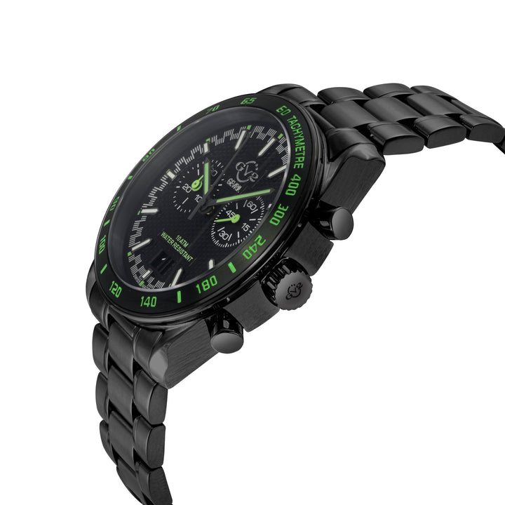 Freccia-Chronograph GV2 Swiss Quartz, SS/IPBLK Case, Black Bezel, Black Dial, IP