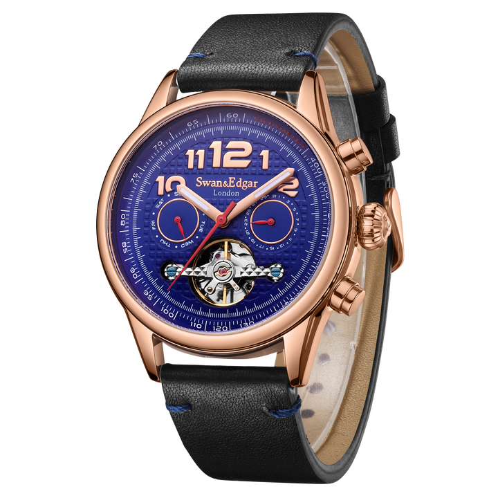 Hasten Automatic Blue Open Exhibition Dial Blue Leather Strap Rose Gold Case 45m