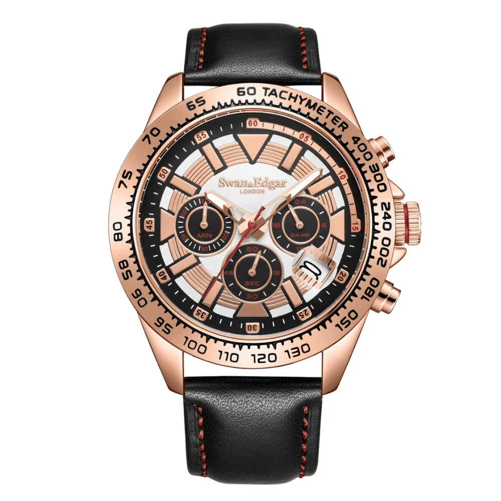 Speed Tracker Mechanical Quartz White Dial Black Leather Strap Rose Case Chronog
